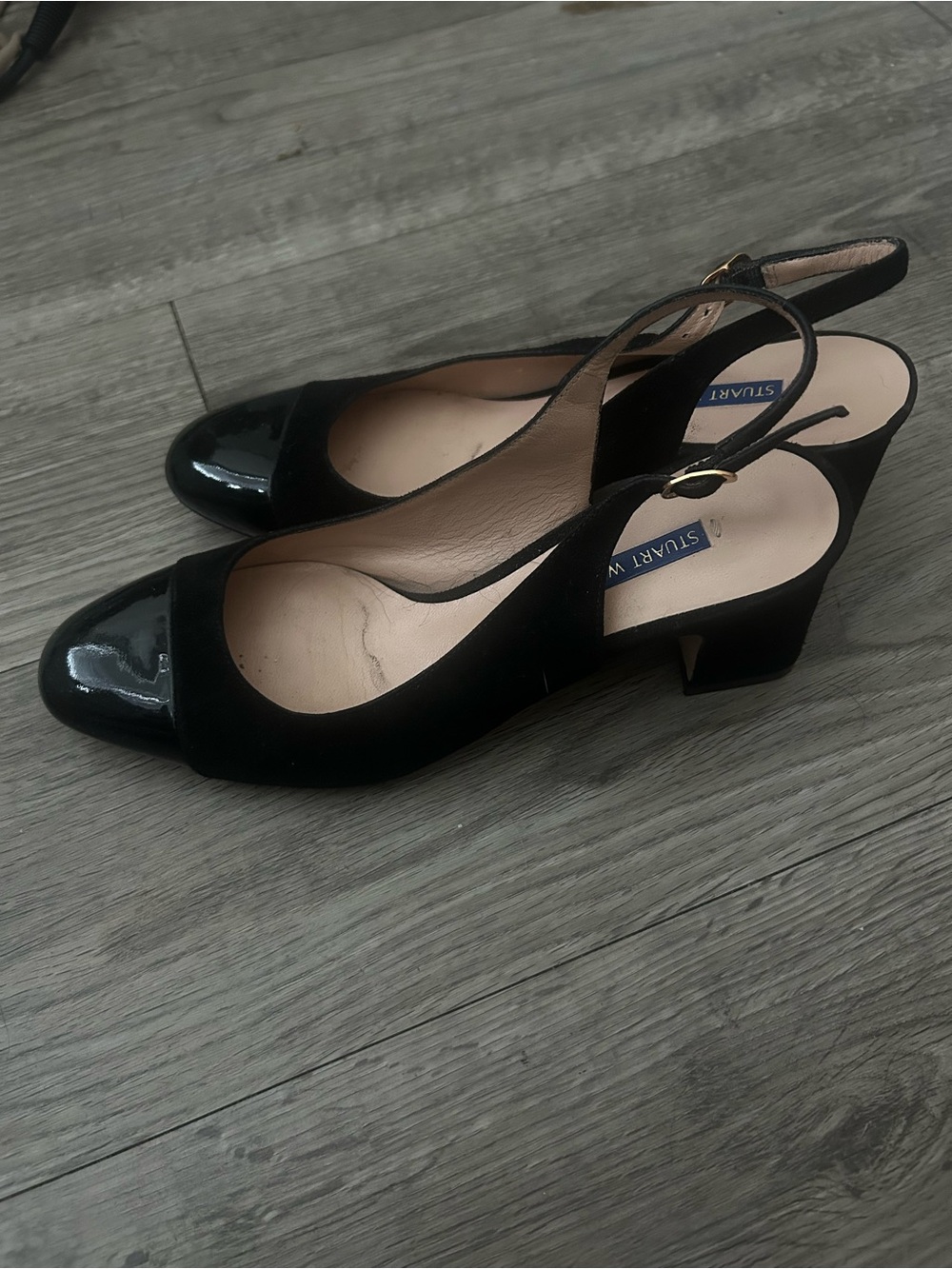 Vintage Stuart Weitzman Black Patent Toe Suede Slingback Low Heel Pumps
